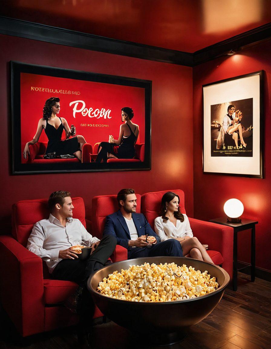 A stylish, modern cinema setting with plush red seats and a glowing screen displaying tantalizing scenes from adult films. In the foreground, a couple elegantly dressed, sharing a bowl of popcorn, engaged in conversation, while dimmed lights create an intimate ambiance. On the walls, framed posters of iconic adult films are showcased. A vibrant color palette enhances the allure of the scene. super-realistic. vibrant colors. warm lighting.