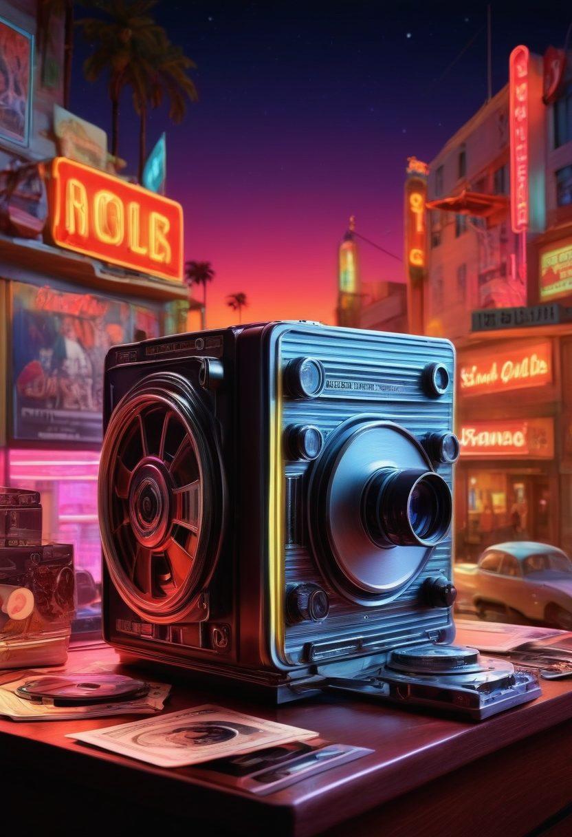 A visually stunning collage featuring iconic scenes from famous films merging into intriguing elements of adult entertainment, showcasing iconic movie props like film reels and cameras intertwined with tasteful art representations, glowing neon lights, and vibrant colors that symbolize the evolution of this genre. The composition should have a cinematic flair, blending fantasy and reality seamlessly. super-realistic. vibrant colors. 3D.