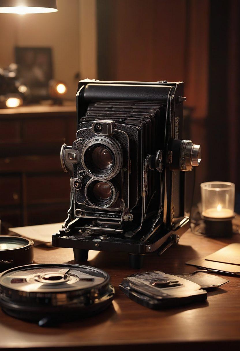 A dimly lit film set showcasing a vintage camera, crew adjusting lights, and film reels scattered around, capturing the essence of adult cinema's behind-the-scenes. Include directors discussing scenes passionately, a clapperboard, and mood-setting lighting. Create a sense of intrigue and professionalism. super-realistic. warm tones. cinematic mood.